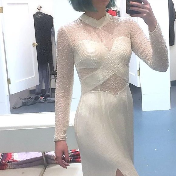 Vintage Dresses & Skirts - Vintage Long Sleeve Silk Beaded Bridal Gown